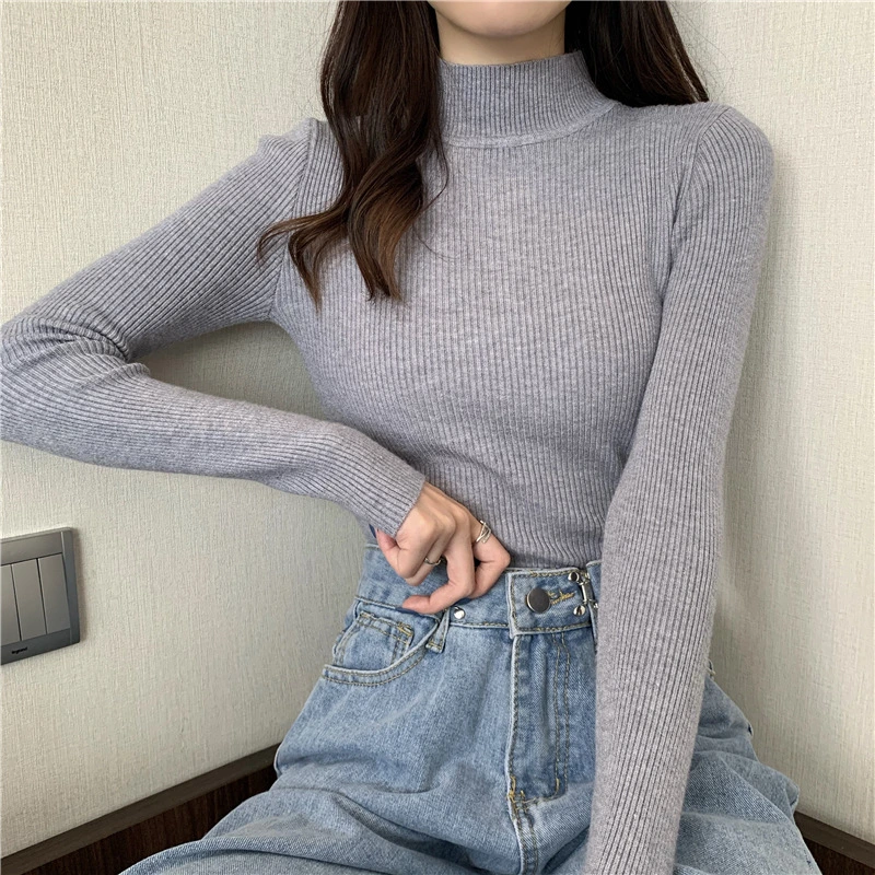 New Fashion Women Girls Knitwear Stand Collar Pullover Blouse Long Sleeve Solid Color Knit Slim Casual Sweater