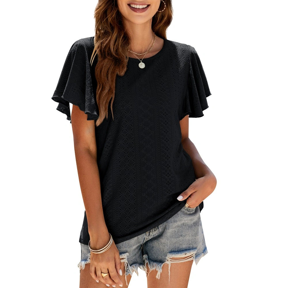 L907 Summer New Amazon Women&prime;s T-Shirt Hollow Tunic Ruffle Sleeve Casual Top
