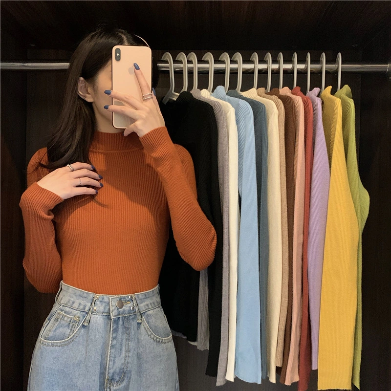 New Fashion Women Girls Knitwear Stand Collar Pullover Blouse Long Sleeve Solid Color Knit Slim Casual Sweater