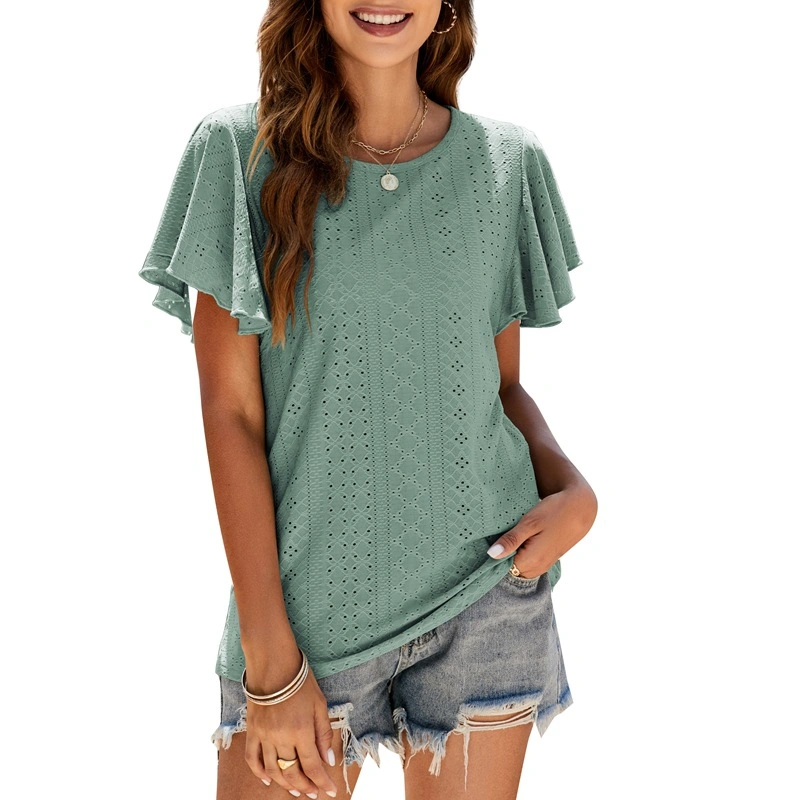 L907 Summer New Amazon Women&prime;s T-Shirt Hollow Tunic Ruffle Sleeve Casual Top