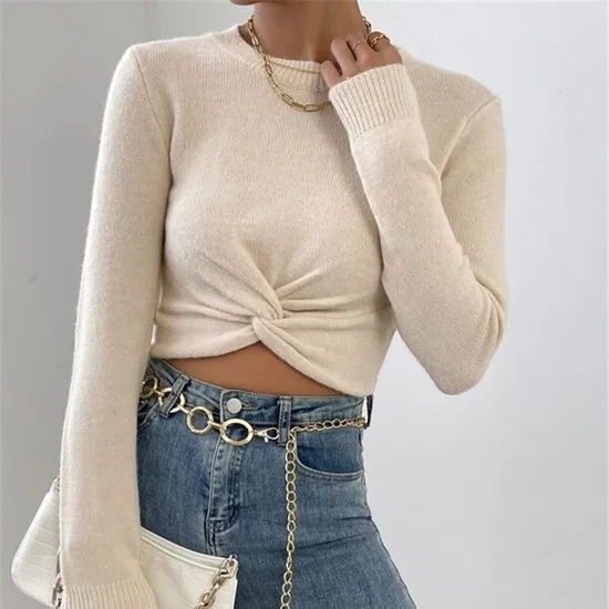 Fashion Round Neck Knit Top Women Slim Sweater Trendy Twist Design Basic Layering Piece 
