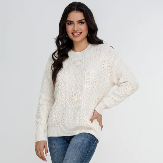 Women′s Cozy Beige Pullover Sweater with Unique Crotch Patch 