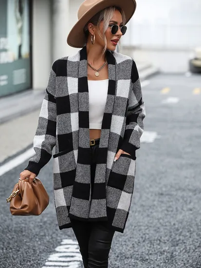 Trendy Long Cardigan Sweater with Checkered Design for Women 