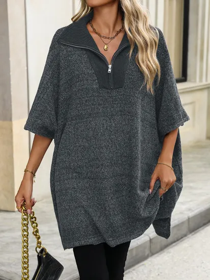 Ladies Fashion Sweater Coat with Zipper at Front Women Knitting Sweater Dress 
