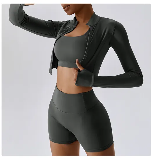 Women Sportswear Yoga 3PC Set Workout Apparel Fitness Bra Crop Jacket and Bike Shorts Activewear Athleisure Clothes 