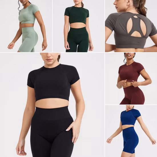 Wholesale 6 Piece Exqusite Sexy Open Back Seamless Yoga Workout Clothes for Women, Custom Gym Bra + Crop Top + Running Shorts + Leggings Quality Activewear Set