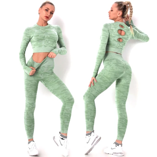 Cute Cut out Back Black Winter Tracksuit Seamless Athletic Garments for Women, Camo Pattern Knit Long Sleeve Top + Stretchy Leggings Exercise Clothes