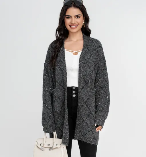 Trendy Gray Knit Cardigan Sweater with Sequin Design for Women 