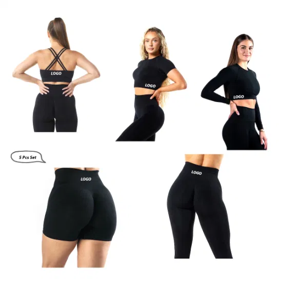 Hot Selling 5PCS Set Sports Fitness Sweat Suits Seamless Compression Gym Clothes for Women, Custom Logo Gym Top + Yoga Shorts + Workout Leggings Active Apparel
