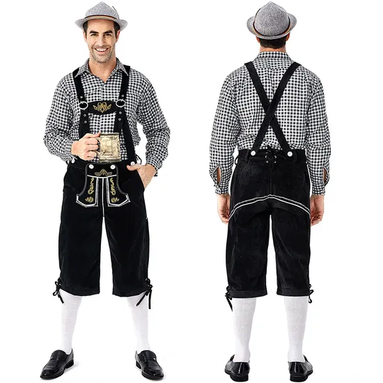German Traditional Men′ S Beer Festival Clothing Plaid with Bib Pants 2 in 1 
